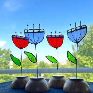 Handmade Stained Glass Flower: Unique Floral Art with Wooden Base