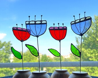 Handmade Stained Glass Flower: Unique Floral Art with Wooden Base