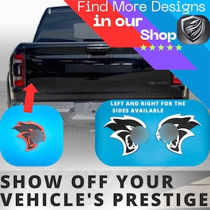 May include: A pair of black and white car decals featuring a stylized animal head design. The decals are shown on a blue background with the text "LEFT AND RIGHT FOR THE SIDES AVAILABLE". The text "SHOW OFF YOUR VEHICLE'S PRESTIGE" is also included.