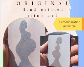 Mini dipinto originale sulla gravidanza, piccola opera d'arte dipinta a mano 2,5x3, silhouette della maternità, regalo unico per baby shower, ricordo per la futura mamma