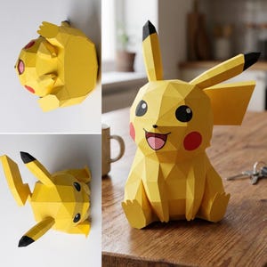 Puede incluir: Una figura de papel de estilo low-poly amarilla del personaje Pikachu, con un diseño geométrico, orejas con puntas negras, mejillas circulares rojas y una boca sonriente. La figura se muestra desde múltiples ángulos, incluyendo vistas frontales y laterales.