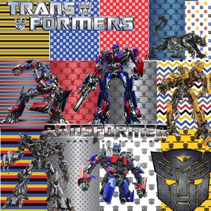 May include: A collage of Transformers imagery featuring Optimus Prime, Bumblebee, and Megatron characters against various backgrounds including stripes, chevrons, and repeating Autobot and Decepticon logos with the Transformers logo text.