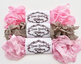 Seam Binding Ribbon, Pink, Brown, Shabby Crinkled Rayon Ribbon- Junk Journals-Quilting- Bear Making-handmade Australia