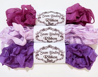Seam Binding Ribbon, Purple-Lilac,Rayon Shabby Crinkled Ribbon, Vintage Scrapbooking, Doll Making,Junk Journals.Crazy Quilting