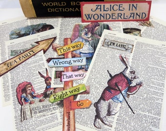 Alice in Wonderland-Vintage Dictionary Page Prints-We are all Mad here-Wall decor-Junk Journal Ephemera-Card Making-Cheshire Cat-
