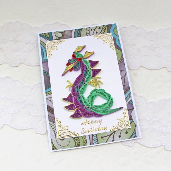 Dragon Card -Paper Quilling -Paper Quilled -Male Birthday- Fantasy- Year of Dragon- Happy Birthday-Purple-Turquoise-Lemon Handmade Australia