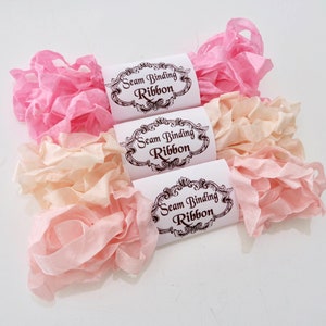 Seam Binding Ribbon, Pinks,Cream Blush,, Shabby Crinkled Rayon Ribbon,French Vintage, Junk Journals, Teddy Bear Supply, handmade Australia image 3