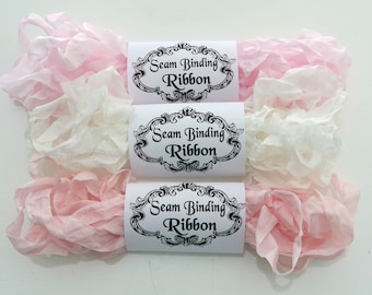 Seam Binding Ribbon, Pink, White, Shabby Crinkled Rayon Ribbon,French Vintage, Junk Journals, Teddy Bear Supply, handmade Australia