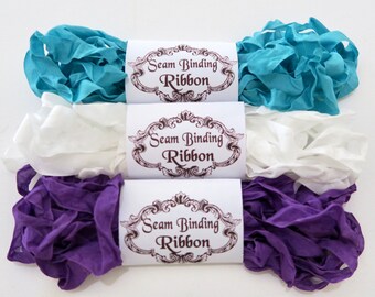 Seam Binding Ribbon-Turquoise-White-Lavender-White- Rayon Shabby Crinkled Ribbon, Shabby Scrapbooking,Doll MakingJunk Journal-Crazy Quilting