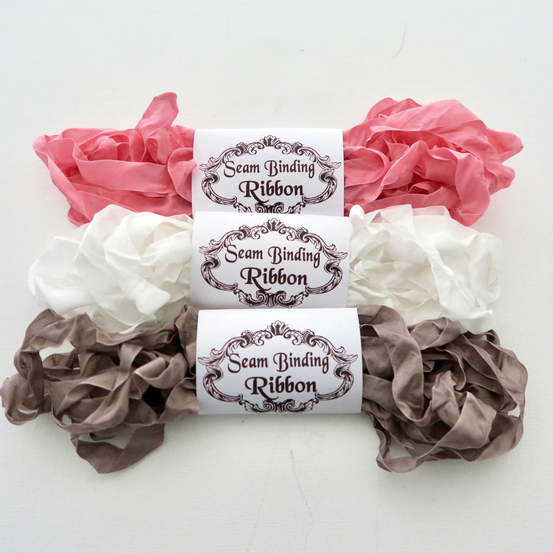 Seam Binding Ribbon, Dusty Pink, White, Brown, Shabby Crinkled Rayon ...