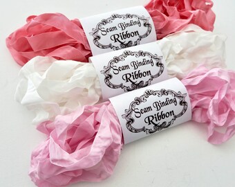 Seam Binding Ribbon, Pinks, White, Shabby Crinkled Rayon Ribbon- Junk Journals-Quilting- Bear Making-handmade Australia