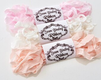 Seam Binding Ribbon, Pink, White, Shabby Crinkled Rayon Ribbon- Junk Journals-Quilting- Doll Making-handmade Australia