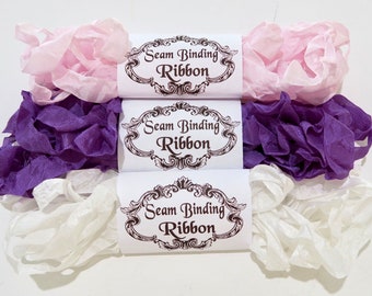 Seam Binding Ribbon,Pink- Purple-White Rayon Shabby Crinkled Ribbon, Shabby Vintage,Scrapbooking, Doll Making,Junk Journals.Crazy Quilting