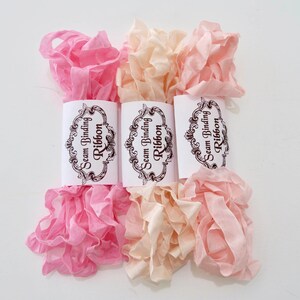 Seam Binding Ribbon, Pinks,Cream Blush,, Shabby Crinkled Rayon Ribbon,French Vintage, Junk Journals, Teddy Bear Supply, handmade Australia image 5