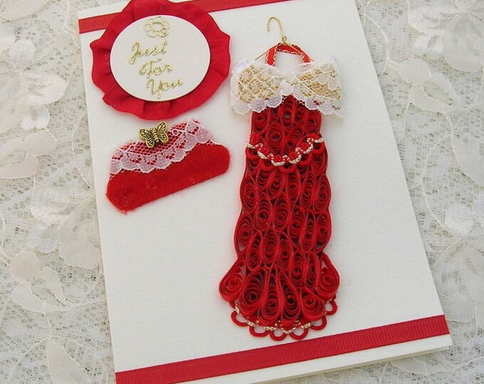 Paper Quilling Greeting Card Paper Quilled DRESS Vintage Red Lace EVENING Bag Birthday Handmade
