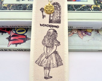 Alice in Wonderland Stamped Fabric Bookmarks, Paper Bookmark,Tea Party Favor, Book Club, Fairytale Children Party, We Are All Mad, Handmade