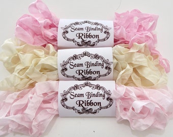 Seam Binding Ribbon, Pink, Ivory, Shabby Crinkled Rayon, Junk Journals, Teddy Bear Supply, handmade Australia