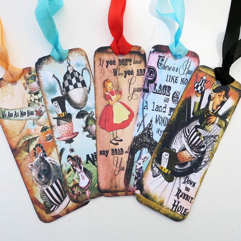 Alice in Wonderland bookmarks party favors set of six laminated silk ribbons