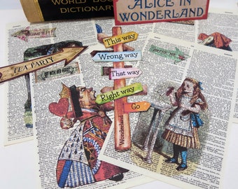 Alice in Wonderland-Vintage Dictionary Page Prints-We are all Mad here-Wall decor-Junk Journal Ephemera-Card Making-Drink me-Eat me