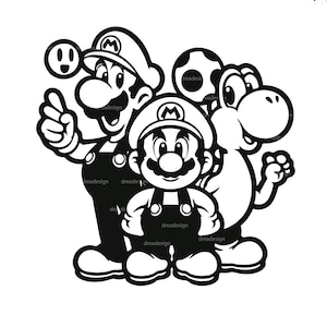 May include: Black and white illustration of three video game characters: Mario, Luigi, and Yoshi. Mario is wearing a red and blue jumpsuit, Luigi is wearing a green and blue jumpsuit, and Yoshi is wearing a green shell. All three characters are smiling.