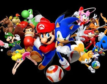 May include: A group of colorful video game characters, including Mario, Sonic, Donkey Kong, and Yoshi, are playing a game of soccer. The characters are all wearing their signature outfits and are in various poses, some are kicking the ball, others are running, and some are cheering. The game is being played on a black background.