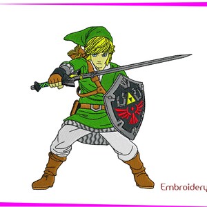 Puede incluir: Un personaje de dibujos animados verde y blanco con cabello rubio que sostiene una espada y un escudo con un diseño rojo y negro. El personaje lleva una túnica verde y botas marrones.