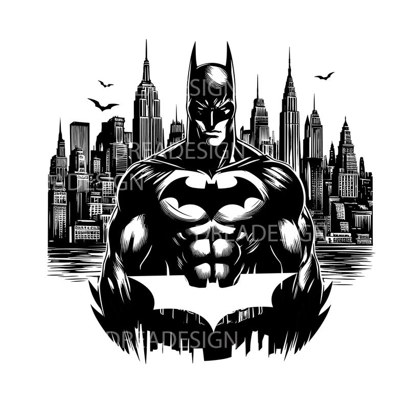May include: Black and white illustration of Batman standing in front of a cityscape. The image is in a graphic novel style.