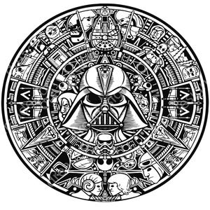 May include: Black and white illustration of Darth Vader in the center of a circular design. The design is reminiscent of an Aztec calendar and features various Star Wars characters and symbols.