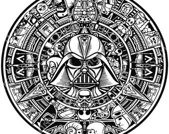 May include: Black and white illustration of Darth Vader in the center of a circular design. The design is reminiscent of an Aztec calendar and features various Star Wars characters and symbols.