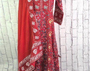 Pure Cotton Red Anarkali Salwar Set with Dupatta