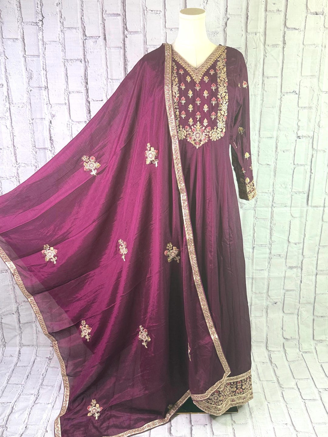 Elegant Beige Embroidered Button Silk Long Dresses Long Sleeve OP1091