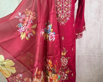 Viscose Silk Cherry Red Embroidery Lace Work Salwar Set with Dupatta