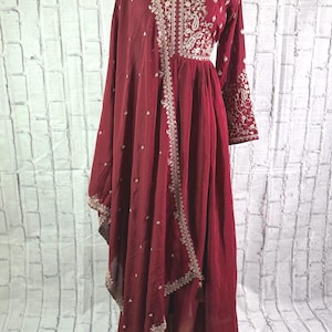 Chinon Maroon Anarkali Salwar Set with Dupatta