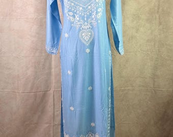 Sky Blue Viscose Rayon Kurti Palazzo Set with Lucknowi Chikankari Embroidery