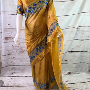Mustard Yellow Mangalgiri Silk Cotton Saree: Zari Checks, Embroidered Cutwork Border, Stitched Blouse