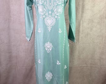 Sea Green Viscose Rayon Kurti Palazzo Set with Lucknowi Chikankari Embroidery