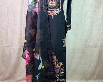 Viscose Silk Black Embroidery Lace Work Salwar Set with Dupatta
