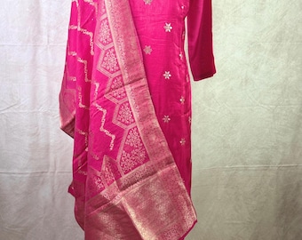 Dola Silk Rani Pink Silk Jacquard Embroidered Salwar Set with Dupatta