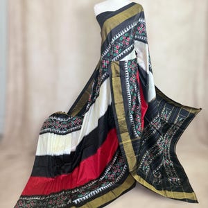 Handwoven Ikkat Pochampally Silk Saree: Black White Red Zari Border, Silk Mark Certified