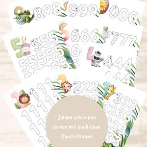 Op de afbeelding: Een set printbare werkbladen met jungledieren en de cijfers 0-9. Elk werkblad heeft een ander dier en een ander cijfer, met stippellijnen om het cijfer te traceren. De tekst "Zahlen schreiben lernen mit kindlichen Illustrationen" staat onderaan de pagina.