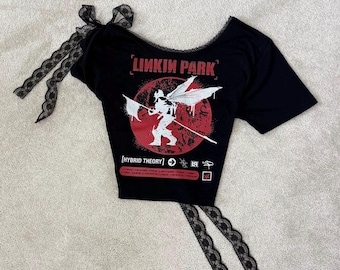 Reworked Linkin Park T-shirt | Upcycled Band Tee | Lace Trim Top