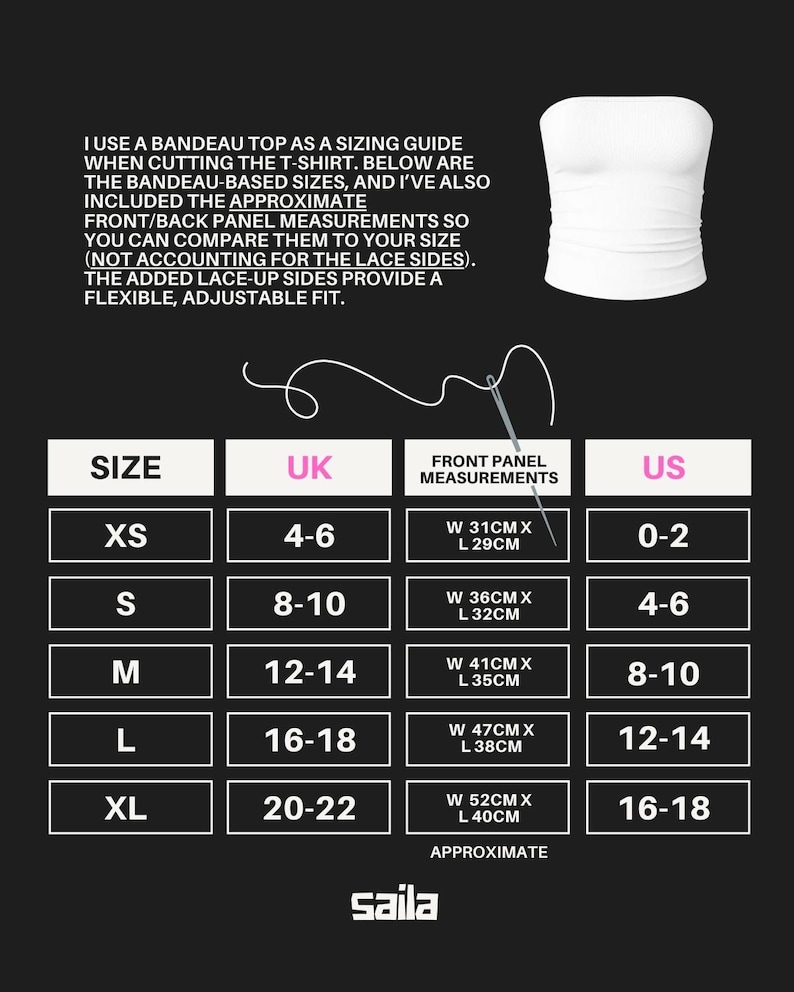 Puede incluir: Top bandeau blanco con tabla de tallas. La tabla incluye tallas del Reino Unido y de EE. UU., con medidas del panel frontal en cent&iacute;metros. El texto proporciona orientaci&oacute;n sobre tallas para una camiseta, con laterales con cordones ajustables. La marca es saila.