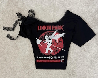 Camiseta de Linkin Park reelaborada / Camiseta reciclada de la banda / Top con ribete de encaje