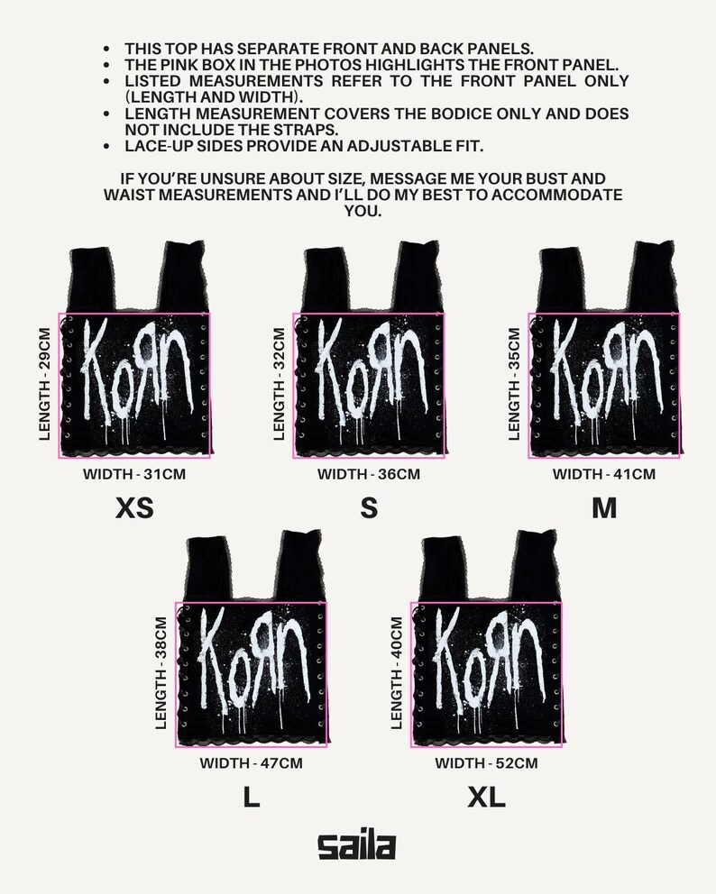 Puede incluir: Top negro con el nombre de la banda "Korn" en letras blancas estilo grafiti. La imagen muestra el top en tallas XS, S, M, L y XL, con medidas de largo y ancho en cent&iacute;metros. El top tiene laterales con cordones.