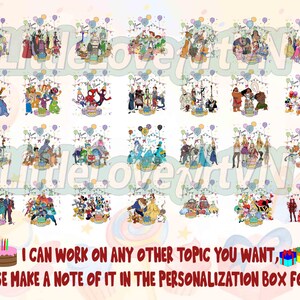 Puede incluir: Una colecci&oacute;n de ilustraciones coloridas con varios personajes de dibujos animados, cada una ambientada alrededor de una tarta de cumplea&ntilde;os con globos y decoraciones festivas. El texto en la parte inferior dice: "I CAN WORK ON ANY OTHER TOPIC YOU WANT, PLEASE MAKE A NOTE OF IT IN THE PERSONALIZATION BOX FOR ME!"