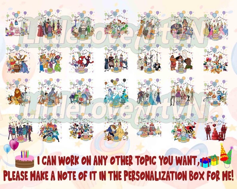 Puede incluir: Una colecci&oacute;n de ilustraciones coloridas con varios personajes de dibujos animados, cada una ambientada alrededor de una tarta de cumplea&ntilde;os con globos y decoraciones festivas. El texto en la parte inferior dice: "I CAN WORK ON ANY OTHER TOPIC YOU WANT, PLEASE MAKE A NOTE OF IT IN THE PERSONALIZATION BOX FOR ME!"