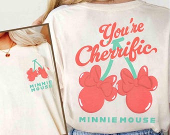 2-zijdig You're Cherrific Minnie Mouse-T-shirt, Coquette Bow Minnie Cherry-T-shirt, girly esthetisch Disney Girls trip-T-shirt, WDW Disneyland Family