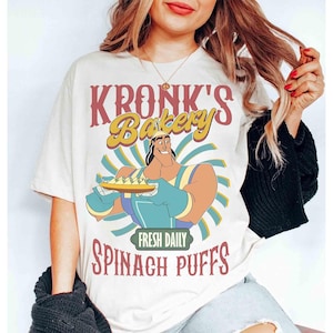 Retro Kronk&#39;s Bakery Spinach Puffs T-shirt, Disney Villains The Emperor&#39;s New Groove Matching Tee, Disneyland Family Holiday 2025 Trip Shirt