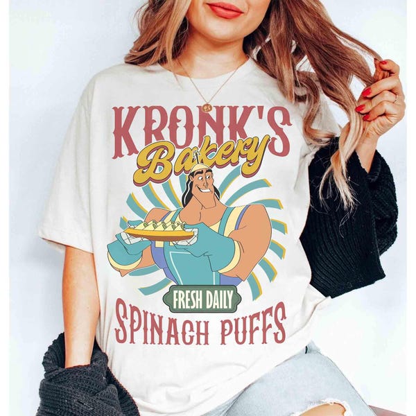 Retro Kronk's Bakery Spinach Puffs T-shirt, Disney Villains The Emperor's New Groove Matching Tee, Disneyland Family Holiday 2025 Trip Shirt