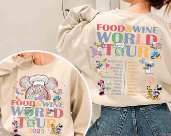2-sided Food and Wine World Tour Mickey and Friends T-shirt, Disney Epcot Food & Wine Festival 2025 Tee, Drink Snacking Around The World Tee